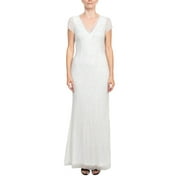 Adrianna Papell Sequin Beaded Short Sleeve V-Neck Mermaid Gown Color: IVORY, Size: 4